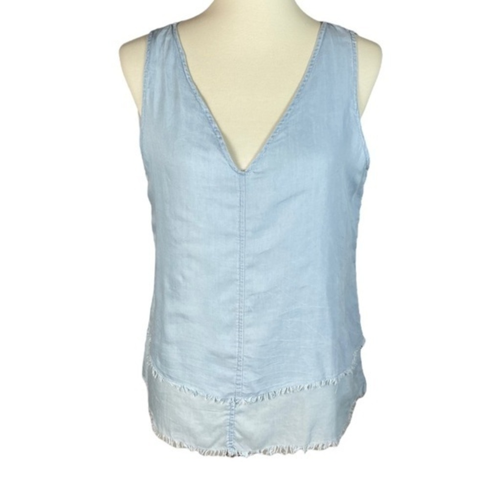 Ecru Light Blue Sleeveless Raw Edge Hem Top - Size Medium